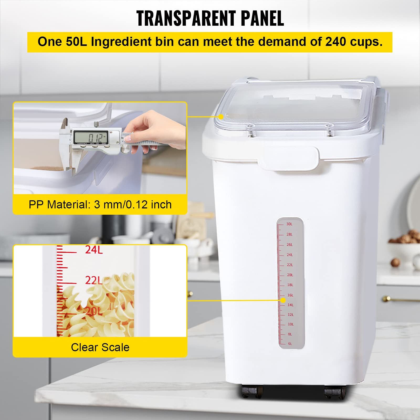 VEVOR Ingredient Storage Bin, 11.4 Gallon Capacity Shelf Ingredient Bin, 280 Cup Flour Bins on Wheels Commercial Prosave Shelf-s